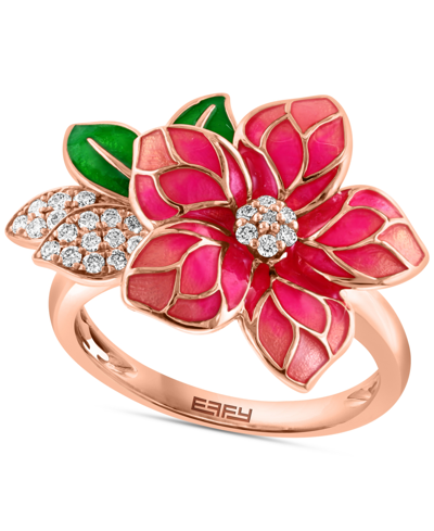 Effy Collection Effy Pink & Green Enamel & Diamond Flower Ring (1/5 Ct. T.w.) In 14k Rose Gold