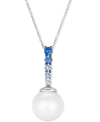 Le Vian Vanilla Pearl (10mm) & Multi-sapphire (1/3 Ct. T.w.) 18" Pendant Necklace In 14k White Gold In Blue