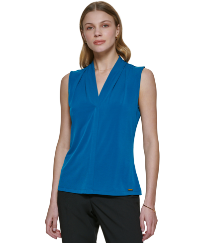 Calvin Klein Gathered V-neck Sleeveless Top In Blue