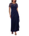 Xscape Beaded Short Sleeve Chiffon Gown In Blue