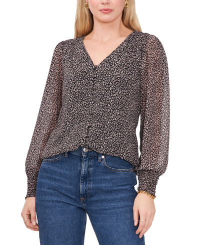 Sam & Jess Women's Leopard-print V-neck Smocked-shoulder Top In Black