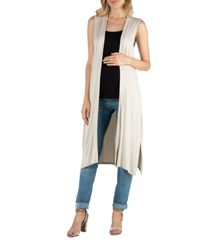 24seven Comfort Apparel Sleeveless Long Maternity Cardigan With Side Slit In Oatmeal