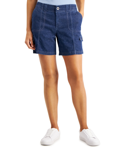 Style & Co Petite Mid Rise Zig Zag Stitch Cargo Shorts, Created For Macy's In Medium Chambray