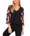 Cece V-neck Mix Media Floral Sleeve Top In Black