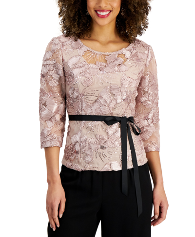 Alex Evenings Petite Sequined Soutache Blouse In Shell Pink
