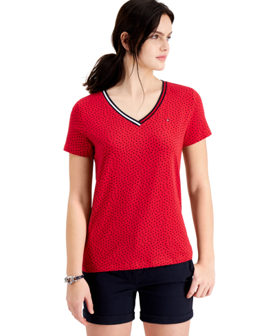 Tommy Hilfiger Women's Polka Dot Printed V-neck T-shirt In Scarlet