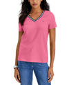 Tommy Hilfiger Women's Striped V-neck Short-sleeve T-shirt In Pink