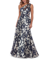 Betsy & Adam Metallic-floral One-shoulder Gown In Blue