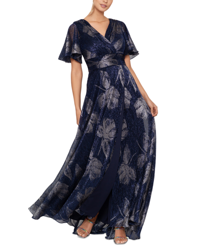 Betsy & Adam Women's Crinkled Flutter-sleeve Gown In Navy Gunmetal