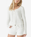 LUCKY BRAND RIBBED LACE-UP LONG-SLEEVE TOP