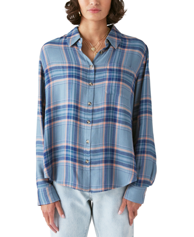 Lucky Brand Women's Plaid Button-down Boyfriend Shirt In Smoke Blue Plaid