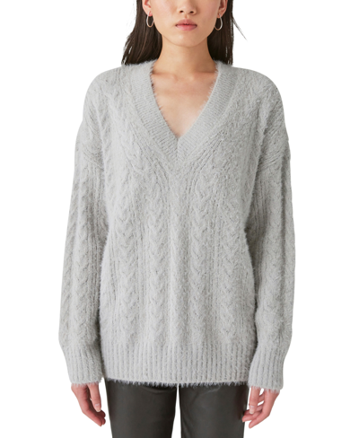 Lucky Brand Women's Cable-knit V-neck Eyelash Sweater In Light Heather Gray
