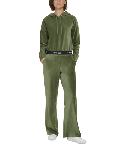 Calvin Klein Performance Women's Logo Elastic Long-sleeve Pullover Velour Hoodie In Green