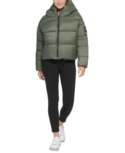 Calvin Klein Jeans Est.1978 Women's Cropped Hooded Puffer Jacket In Thyme