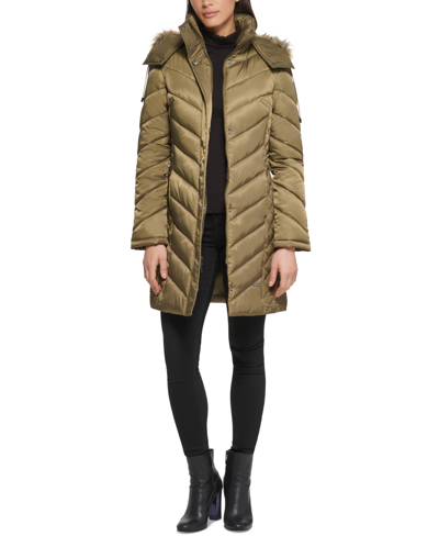 Kenneth Cole Women's Plus Size Faux-fur-trim Hooded Puffer Coat, Created For Macy's In Olive