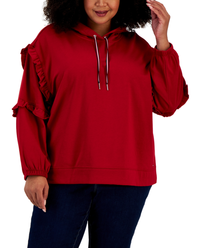 Tommy Hilfiger Plus Womens Ruffled Sleeves Cozy Hoodie In Multi