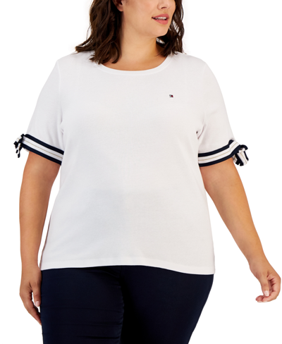 Tommy Hilfiger Plus Size Cotton Tie-sleeve Tee In Bright White