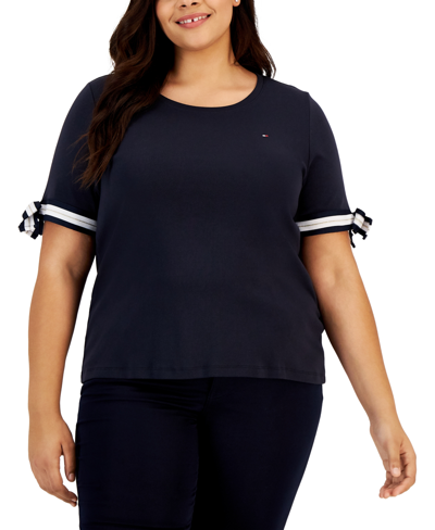 Tommy Hilfiger Plus Size Cotton Tie-sleeve Tee In Blue