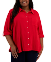 Tommy Hilfiger Plus Size Roll-tab-sleeve Button-down Emblem Shirt In Red