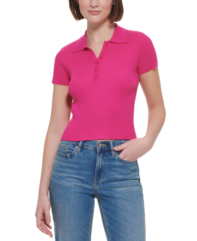 Calvin Klein Jeans Est.1978 Women's Ribbed Quarter-button Polo Shirt In Electric Pink
