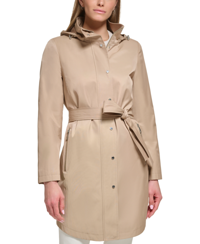 Calvin Klein Women's Petite Zip-front Hooded Belted Raincoat In Vintage Tan