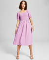 AND NOW THIS WOMEN'S TEXTURED SMOCKED PUFF SLEEVE MIDI DRESS