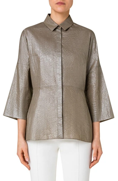 Akris Punto Metallic Coated Cotton Seersucker Blouse In 158 Khaki