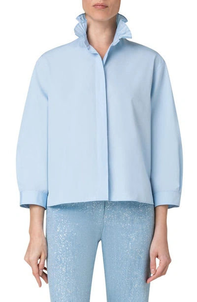 Akris Punto Techno Cotton Blouse With Plissee Stand Up Collar In Sky