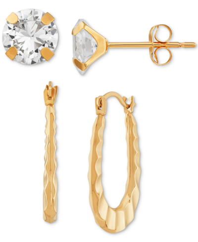 Macy's 2-pc. Set Cubic Zirconia Stud & Ruffle Oval Hoop Earrings In 10k Gold