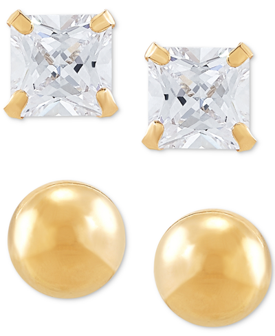 Macy's 2-pc. Set Cubic Zirconia Princess And Polished Round Stud Earrings In 10k Gold In Yellow Gold