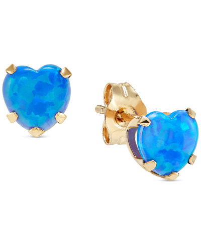 Macy's Blue Opal Heart Stud Earrings (2 Ct. T.w.) In 14k Gold