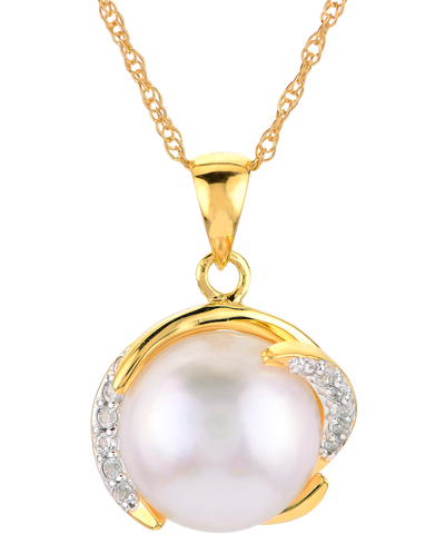 Macy's Cultured Freshwater Pearl (10mm) & White Topaz (1/6 Ct. T.w.) 18" Pendant Necklace In 14k Gold-plate In Gold Over Silver
