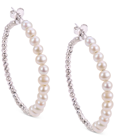 Macy's Cultured Freshwater Pearl (4-4-1/2mm) Medium Hoop Earrings In Sterling Silver, 1.58"