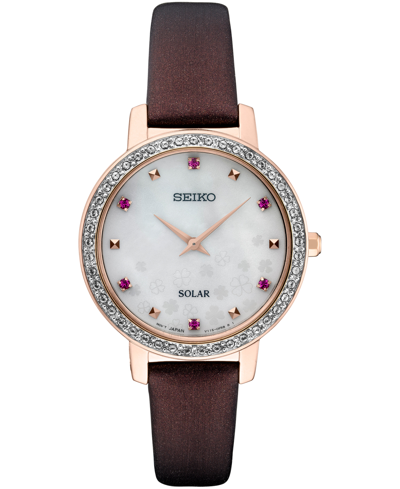 Seiko Women's Solar Crystal Burgundy Leather Strap Watch 30mm In Mother Of Pearl