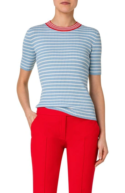 Akris Punto Stripe Rib Short Sleeve Virgin Merino Wool Sweater In 176 Pale Blue-cream-red