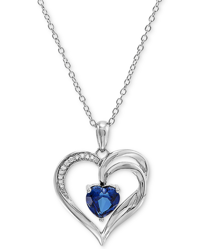 Macy's Lab Grown Ceylon Sapphire (1-5/8 Ct. T.w.) & Diamond Accent Heart 18" Pendant Necklace In Sterling S In Blue Sapphire
