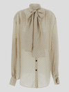 Balmain Printed Pussy Bow Silk Blouse In Creme/bleumarinefoncè