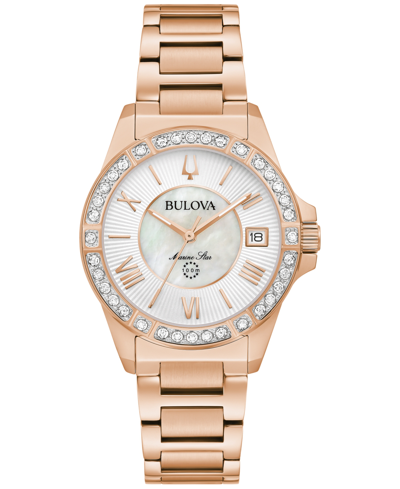 Bulova Women's Marine Star Diamond (1/10 Ct. T.w.) Rose Gold-tone Stainless Steel Bracelet Watch 32mm In Gold Tone / Mother Of Pearl / Rose / Rose Gold Tone / White