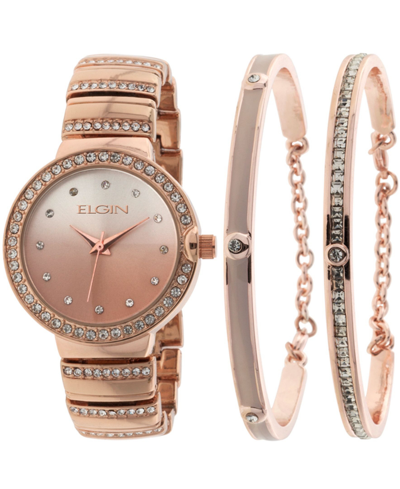 Elgin Women's 3 Piece Rose Gold-tone Strap Watch And Bracelet Set