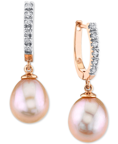 Macy's Cultured Pink Freshwater Pearl (9mm) & Diamond (1/5 Ct. T.w.) Hoop Dangle Drop Earrings In 14k Rose In Rose Gold