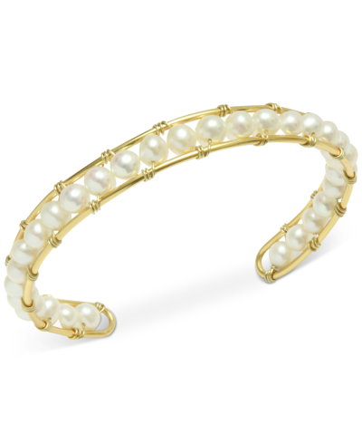 Macy's Cultured Freshwater Pearl (5mm) Cuff Bracelet In 14k Gold-plated Sterling Silver In Gold Over Silver