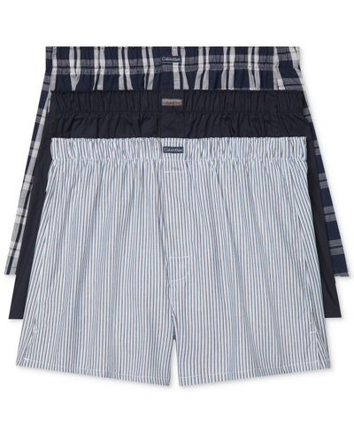 Calvin Klein Men's 3-pack Woven Boxers Underwear In Navy,plaid,stripe