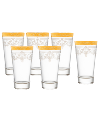 Lorren Home Trends High Ball 6 Piece Stencil Pattern And Gold Band Glass Set In Gold-tone