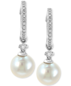 Effy Collection Effy Cultured Freshwater Pearl (7mm) & Diamond (1/6 Ct. T.w.) Hoop Drop Earrings In 14k White Gold In Gold