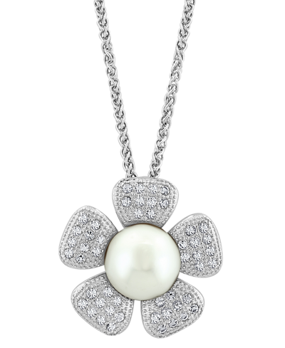 Effy Collection Effy Cultured Freshwater Pearl (10mm) & White Topaz (1/2 Ct. T.w.) Flower 18" Pendant Necklace In St In Sterling Silver
