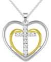 Macy's Diamond Double Heart Cross Pendant Necklace (1/10 Ct. T.w.) In Sterling Silver & 14k Gold-plated Ste In Silver