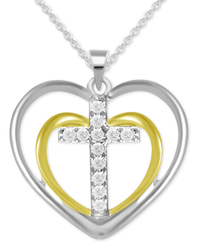 Macy's Diamond Double Heart Cross Pendant Necklace (1/10 Ct. T.w.) In Sterling Silver & 14k Gold-plated Ste In Two Toned
