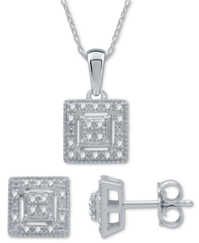 Macy's 2-pc. Set Diamond (1/6 Ct. T.w.) Square Cluster Pendant Necklace & Matching Stud Earrings In Sterlin In Sterling Silver
