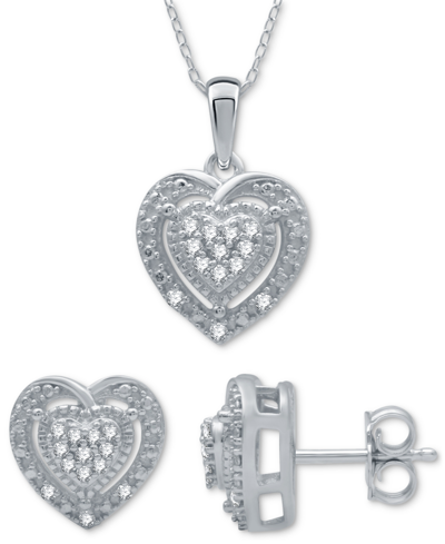 Macy's 2-pc. Set Diamond (1/6 Ct. T.w.) Heart Cluster Pendant Necklace & Matching Stud Earrings In Sterling In Sterling Silver