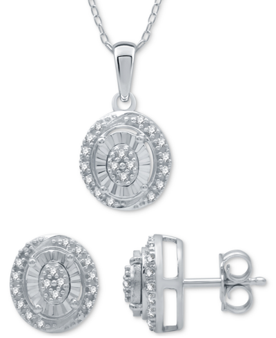 Macy's 2-pc. Set Diamond (1/6 Ct. T.w.) Oval Cluster Pendant Necklace & Matching Stud Earrings In Sterling In Sterling Silver